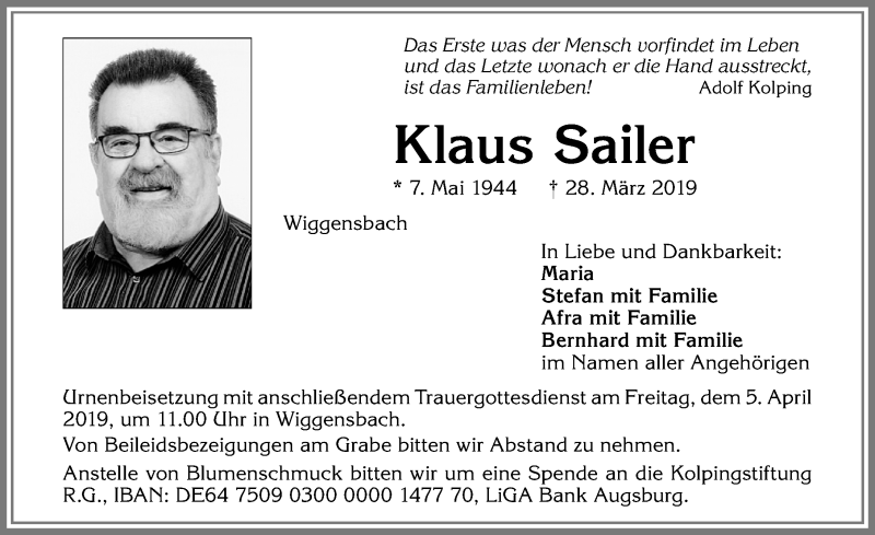  Traueranzeige für Klaus Sailer vom 03.04.2019 aus Allgäuer Zeitung,Kempten