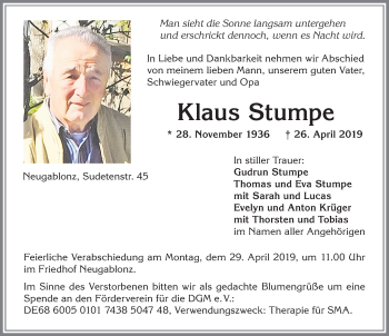 Traueranzeige von Klaus Stumpe von Allgäuer Zeitung, Kaufbeuren/Buchloe