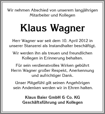 Traueranzeige von Klaus Wagner von Allgäuer Zeitung, Füssen