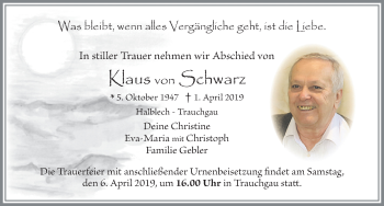 Traueranzeige von Klaus von Schwarz von Allgäuer Zeitung, Füssen