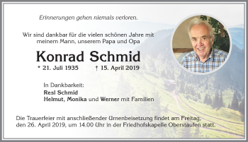 Traueranzeige von Konrad Schmid von Allgäuer Anzeigeblatt