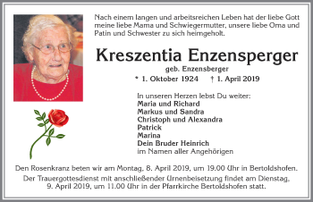 Traueranzeige von Kreszentia Enzensperger von Allgäuer Zeitung, Marktoberdorf