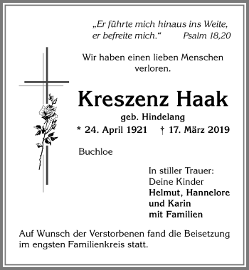 Traueranzeige von Kreszenz Haak von Allgäuer Zeitung, Kaufbeuren/Buchloe