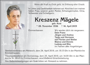 Traueranzeige von Kreszenz Mägele von Allgäuer Zeitung, Kaufbeuren/Buchloe