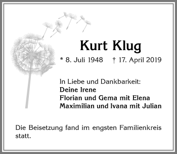 Traueranzeige von Kurt Klug von Allgäuer Zeitung,Kempten