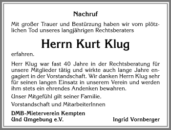 Traueranzeige von Kurt Klug von Allgäuer Zeitung,Kempten