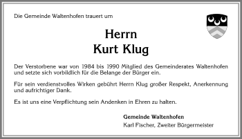 Traueranzeige von Kurt Klug von Allgäuer Zeitung,Kempten