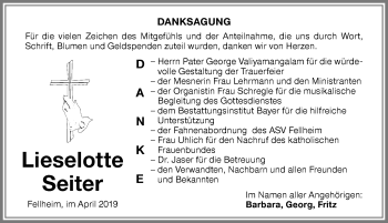 Traueranzeige von Lieselotte Seiter von Memminger Zeitung