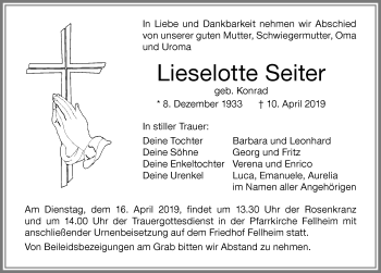 Traueranzeige von Lieselotte Seiter von Memminger Zeitung