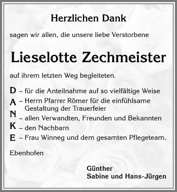 Traueranzeige von Lieselotte Zechmeister von Allgäuer Zeitung, Marktoberdorf