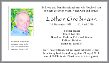 Traueranzeige von Lothar Großmann von Allgäuer Zeitung, Marktoberdorf