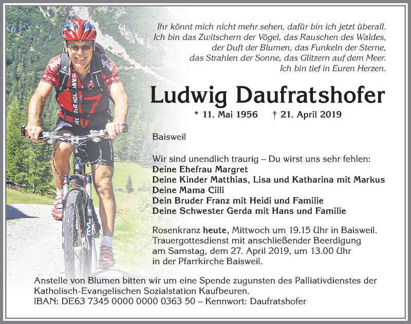  Traueranzeige für Ludwig Daufratshofer vom 24.04.2019 aus Allgäuer Zeitung, Kaufbeuren/Buchloe