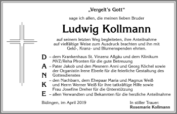 Traueranzeige von Ludwig Kollmann von Allgäuer Zeitung, Marktoberdorf