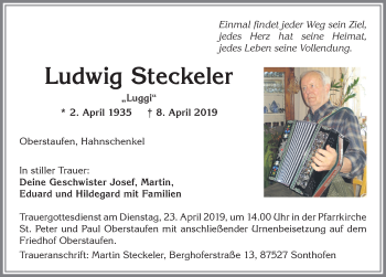 Traueranzeige von Ludwig Steckeler von Allgäuer Anzeigeblatt