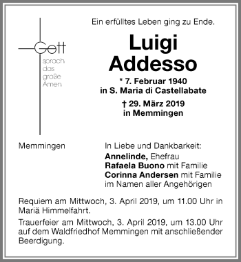 Traueranzeige von Luigi Addesso von Memminger Zeitung