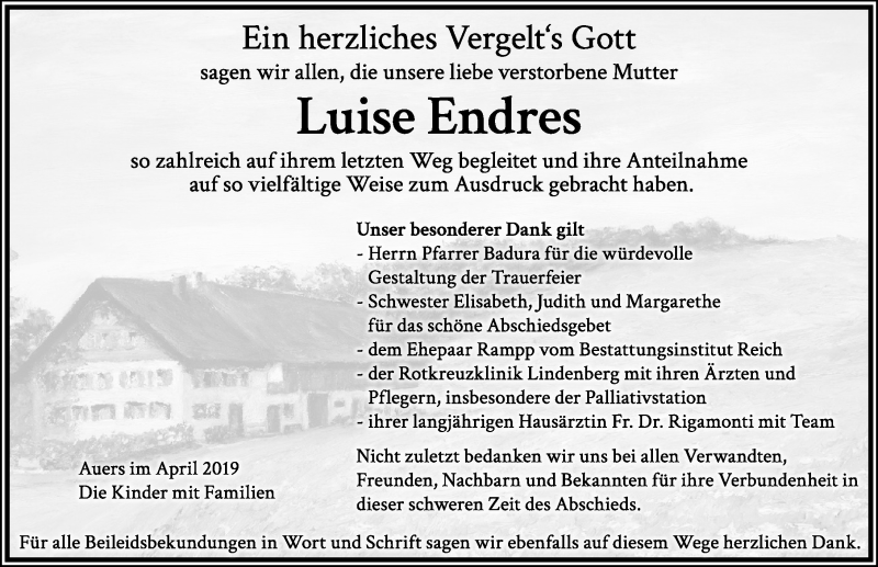  Traueranzeige für Luise Endres vom 06.04.2019 aus Der Westallgäuer