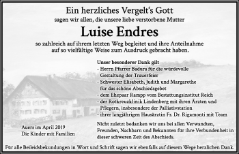 Traueranzeige von Luise Endres von Der Westallgäuer