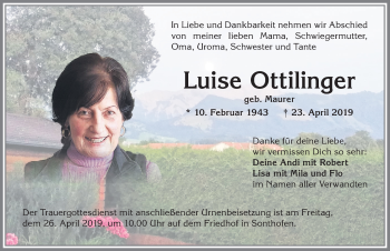 Traueranzeige von Luise Ottilinger von Allgäuer Anzeigeblatt