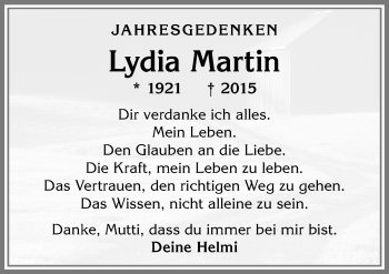 Traueranzeige von Lydia Martin von Allgäuer Anzeigeblatt