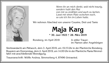 Traueranzeige von Maja Karg von Allgäuer Zeitung