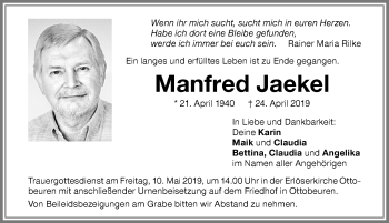 Traueranzeige von Manfred Jaekel von Memminger Zeitung