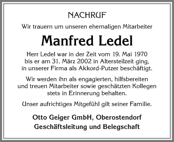 Traueranzeige von Manfred Ledel von Allgäuer Zeitung, Kaufbeuren/Buchloe