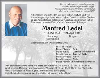 Traueranzeige von Manfred Ledel von Allgäuer Zeitung, Kaufbeuren/Buchloe