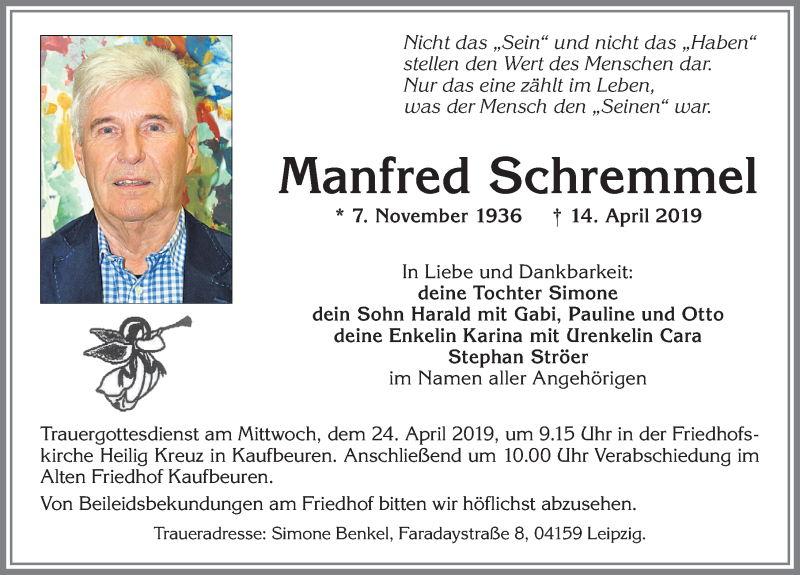  Traueranzeige für Manfred Schremmel vom 20.04.2019 aus Allgäuer Zeitung, Kaufbeuren/Buchloe