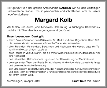Traueranzeige von Margard Kolb von Memminger Zeitung