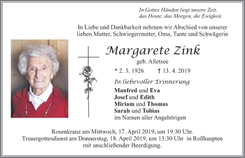 Traueranzeige von Margarete Zink von Allgäuer Zeitung, Füssen