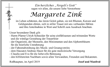 Traueranzeige von Margarete Zink von Allgäuer Zeitung, Füssen