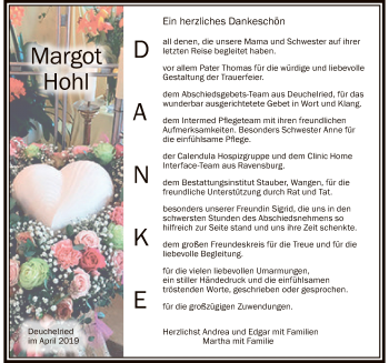 Traueranzeige von Margot Hohl von Der Westallgäuer
