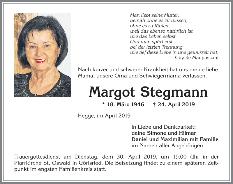  Traueranzeige für Margot Stegmann vom 27.04.2019 aus Allgäuer Zeitung