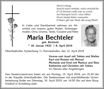 Traueranzeige von Maria Bechteler von Allgäuer Anzeigeblatt