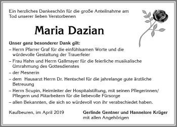 Traueranzeige von Maria Dazian von Allgäuer Zeitung, Kaufbeuren/Buchloe