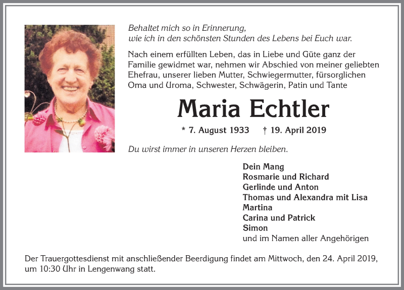  Traueranzeige für Maria Echtler vom 23.04.2019 aus Allgäuer Zeitung, Marktoberdorf
