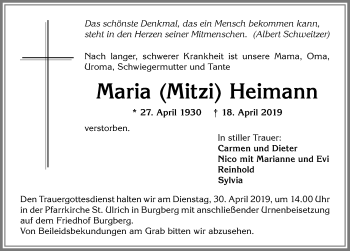 Traueranzeige von Maria Heimann von Allgäuer Anzeigeblatt