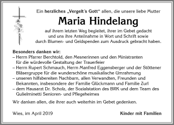 Traueranzeige von Maria Hindelang von Allgäuer Zeitung, Marktoberdorf