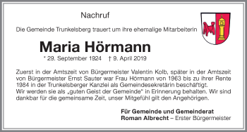 Traueranzeige von Maria Hörmann von Memminger Zeitung