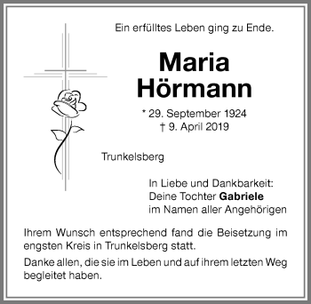 Traueranzeige von Maria Hörmann von Memminger Zeitung