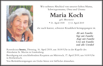 Traueranzeige von Maria Koch von Der Westallgäuer