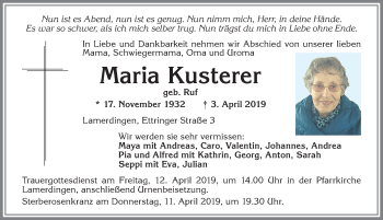 Traueranzeige von Maria Kusterer von Allgäuer Zeitung