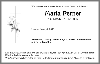 Traueranzeige von Maria Perner von Allgäuer Anzeigeblatt