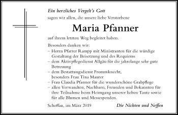 Traueranzeige von Maria Pfanner von Der Westallgäuer