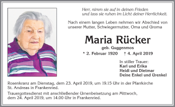 Traueranzeige von Maria Rücker von Allgäuer Zeitung, Kaufbeuren/Buchloe