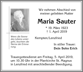 Traueranzeige von Maria Sauter von Allgäuer Zeitung,Kempten