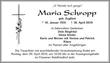Traueranzeige von Maria Schropp von Allgäuer Zeitung, Füssen