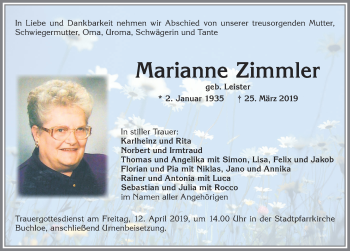 Traueranzeige von Marianne Zimmler von Allgäuer Zeitung, Kaufbeuren/Buchloe