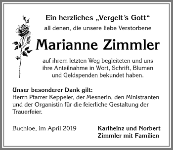 Traueranzeige von Marianne Zimmler von Allgäuer Zeitung, Kaufbeuren/Buchloe