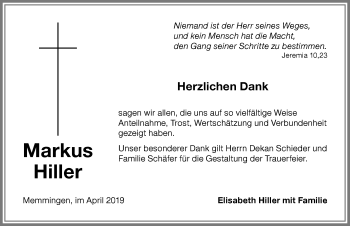 Traueranzeige von Markus Hiller von Memminger Zeitung